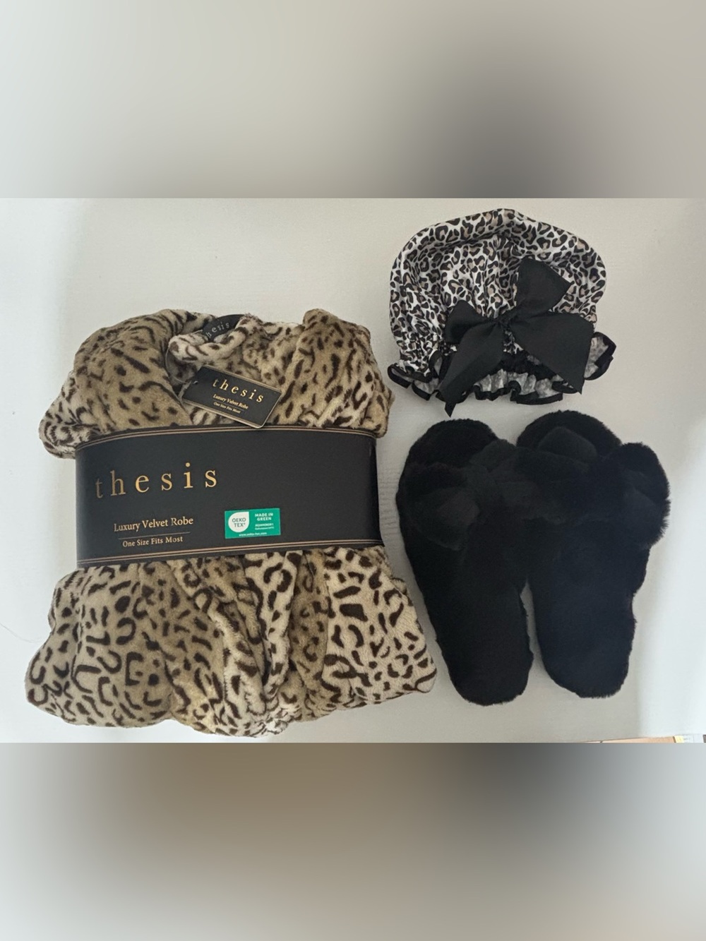 Leopard Print Luxury Velvet Robe and Black Slippers